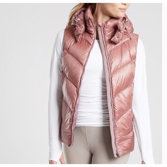 Athleta Lofty Puffer Vest Goose Down Dogwood Mauve Women's Sz M Hooded Jacket - Picture 3 of 11